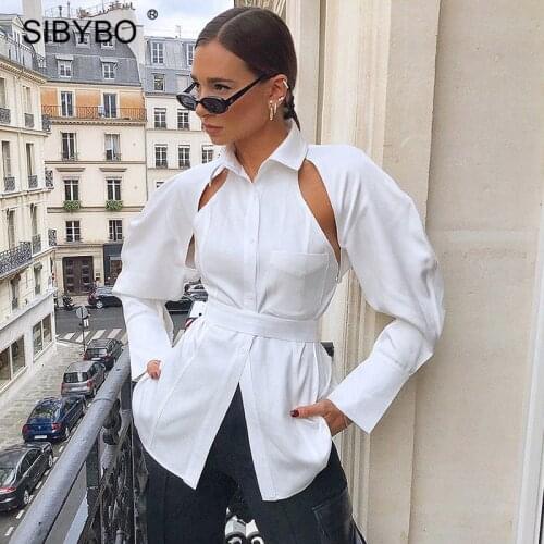 Sibybo White Button Up Shirt Women Blouse 2021 Autumn Long Sleeve Lace Up Y2K Tops Femme Cut Out Turn-down Collar Tee Shirts