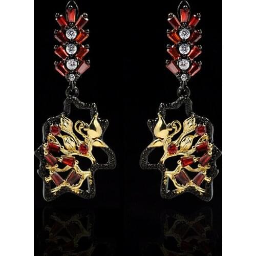 Womens Bohemia Black Gold Drop Earrings Delicate Flower Petals Inlay Ruby Zircon Dangle Earrings 925 Sterling Silver Earrings