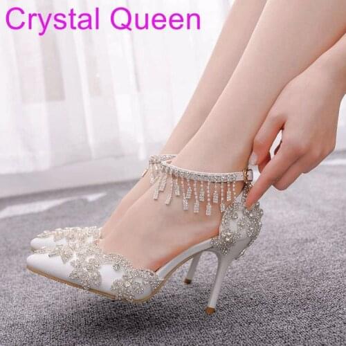 Women sandals wedding Party banquet PU Rhinestones Buckle Strap 9.5CM Thin High Heels Pointed Toe sandal women shoes size 35-42