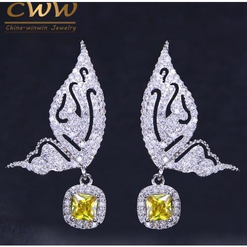 CWWZircons Yellow And Blue Cubic Zirconia Pave Lovely 925 Sterling Silver Pin Fly Butterfly Shape Drop Earrings for Women CZ191