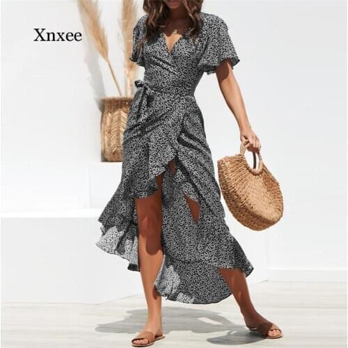 Summer Beach Long Dress Womens Floral Print Bohemian Long Dress Ruffle Wrap Casual V-Neck Split Sexy Party Dress Robe Woman