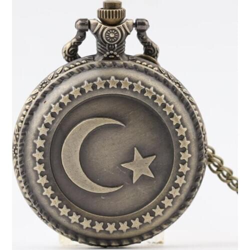 50pcs/lot Retro Bronze Moon and Star Quartz Pocket Watch Men Women Watches Necklace Wholesale