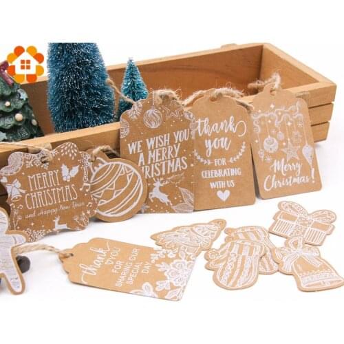 50PCS Multi Style Christmas Series Kraft Paper Tags DIY Crafts Hang Tag With Rope Christmas Party Labels Gift Wrapping Supplies