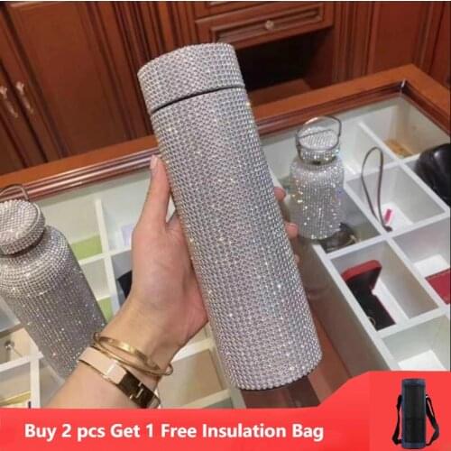 500ml Creative Diamond Thermos Bottle Water Bottle Stainless Steel Smart Temperature Display Vacuum Flask Mug Gift for Men Women