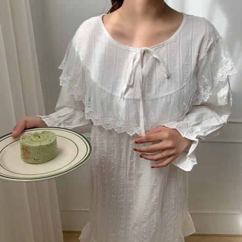 White Cotton Summer Nightgown Korean O-Neck Long Sleeve Kawaii Ruffles Princess Sleepwear Loose Soft Home Clothes Dot
