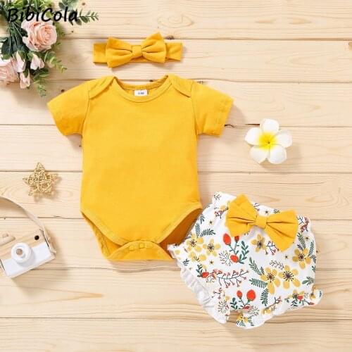 BibiCola Newborn Girls Summer Romper Suit Infant Clothes Sets Short Sleeve Bodysuits + Elastic Shorts+ Headband 3PCs Outfits