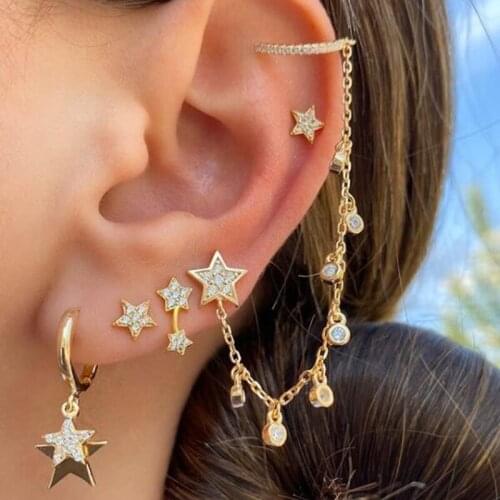 Tassel chain drip cz star charm 1 piece earring cuff for women Romantic high quality fashion link chain clip on earring Jewelry