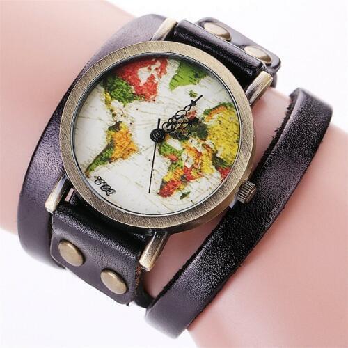 Vintage Genuine Leather World Map Watch Casual Women Antique Quartz Dress Wrist Watch Relogio Feminino Dropshipping