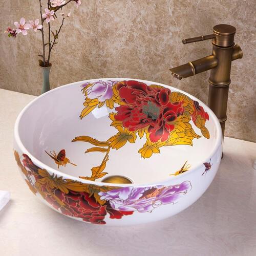Art wash basin bathroom sinks Countertop bathroom hand basins White peony pattern Bathroom Wash Basin Ceramic