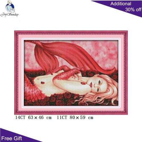Joy Sunday Red Mermaid Needlework R537 14CT 11CT Counted and Stamped Home Decoration Red Mermaid Embroidery Cross Stitch kits