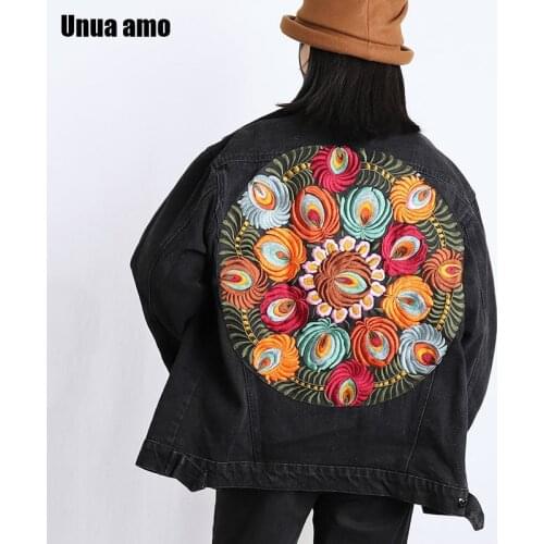 Unua amo Vintage Black Denim Jacket For Women Fashion Loose Wild Boho Floral Embroidery Jean Jackets Oversize Coat Streetwear