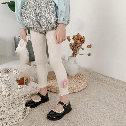 2021 Autumn Girls Leggings Childrens Pants Solid Color Baby Ribbed Leggings Cotton Kids Clothing Casual Trousers Flower