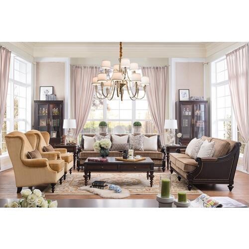 Mahogany wood living room furniture sofa set 7 seater sectional classic sofa and bookcase and coffee end table WA369