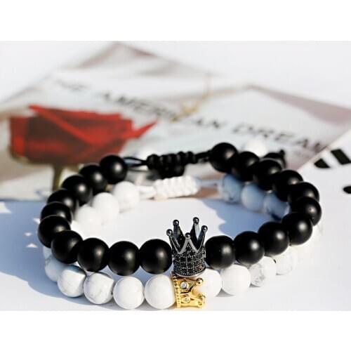 Trendy CZ Crown Charms Couple Bracelets Jewelry 2Pcs/Set Fashion Black Matte Stone Beads Men Lover Bracelet Dropshipping