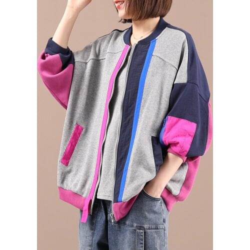 Female new spring Korean style plus size literary color matching with zipper fashion short outerwear loose sweater cardigan
