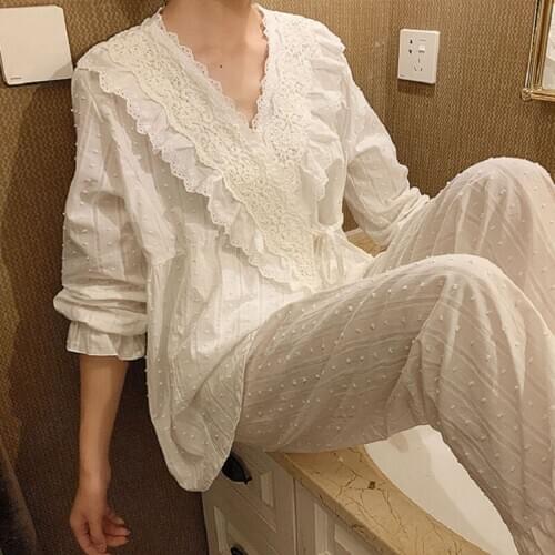 Spring Autumn Cotton V-neck Cardigan Womens Pajamas Sets Sweet Female Long Sleeve Kimono Pyjamas Loose Sleepwear Suits