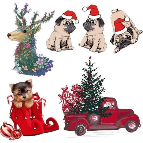 Christmas Tree Deer Patch Christmas Dog Car Iron On Transfer For Clothing Cartoon Sticker Thermo-Stickers Applique Fashion Patch