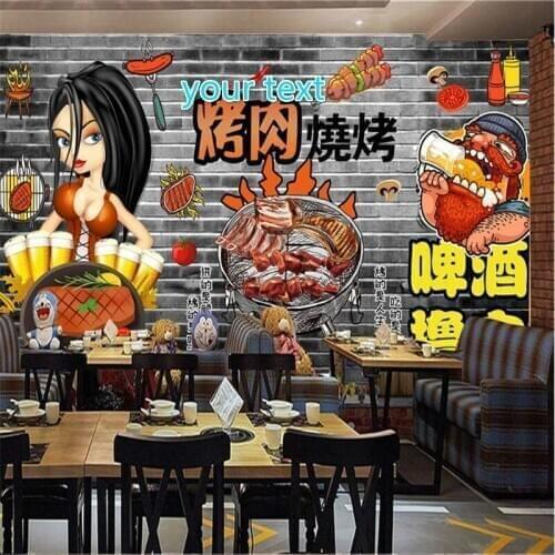 Custom Retro Industrial Style Gray Brick Wall Barbecue Beer Restaurant Wall Paper 3D Kebabs Snack Bar Decor Mural Wallpaper 3D