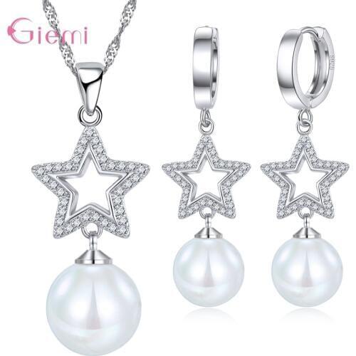 Hollow Geometrci Star Pearl 925 Sterling Silver Necklace Eardrop Dangle Earring Jewelry Sets Cubic Zircon Shinning Joyas