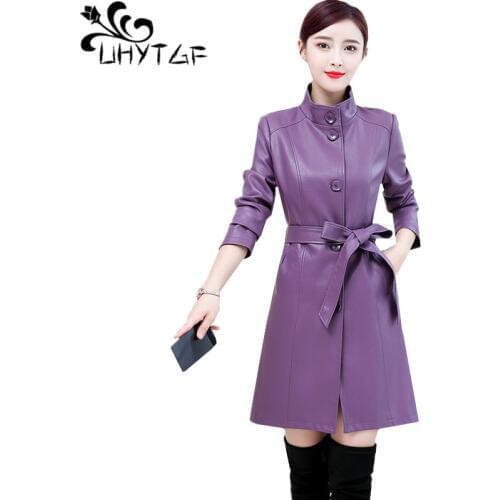 UHYTGF Casual women leather jacket Pure color wild 5XL plus size coat Quality Autumn Winter leather jacket windbreaker women 572