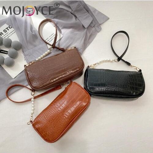 Vintage Women Alligator Pattern PU Solid Color Underarm Bag Pearl Shoulder Bags Soft Leather Women Designer Handbag