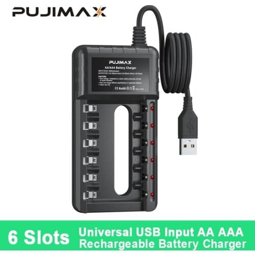 PUJIMAX 6 Slots Battery Charger Adapter Intelligent Fast LED Indicator USB Charger For AA/AAA Ni-MH/Ni-Cd Rechargeable Battery