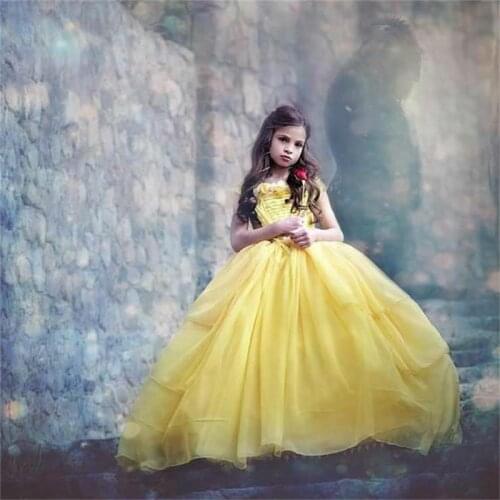 Yellow Princess Flower Girl Dresses Sleeveless 3D Floral Appliques Chiffon Pageant Gowns Kids First Communion Dress
