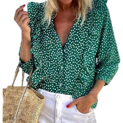 2021 Women Long Sleeve Polka Dots Print Button Up Shirts Blouse Women Fashion Printed Ruffle Design Breathable Shirt For Summer
