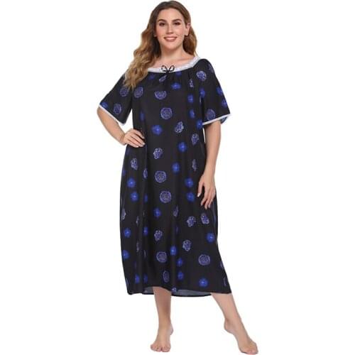 Ladies Short-Sleeved Printed Flowers Nightgowns Spring Autumn Casual Loose Female Nightdress