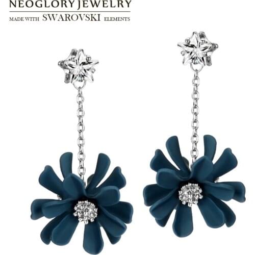 Neoglory Zircon & Painting Drop Long Earrings Elegant Romantic Cute Blue Flower Design For Daily Dress Classic Steel Needle