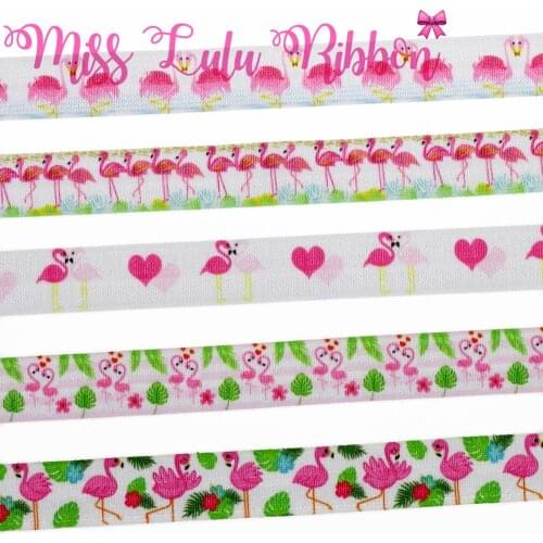 5/8"16mm Pink Flamingo Series Sweet Heart Printed Elastic Ribbon DIY Lovers Day Decor Hair Bowknots Making 50yards/roll
