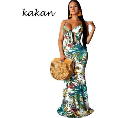 Kakan sling print dress sexy V-neck sleeveless large swing dress 2019 summer new womens hot dress