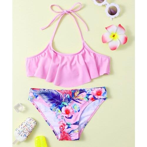 7-14Years Girl Bikini Set Tropical Floral Girl Swimsuit Two Piece Childrens Swimwear Ruffle Girls Bathing Suit Beach wear