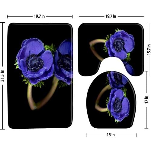 Blue Flowers Bath Mat Black Background Bathroom 3-Piece Set Carpet U-Shaped Pad Toilet Cover Water Absorption Rugs Bath Decor