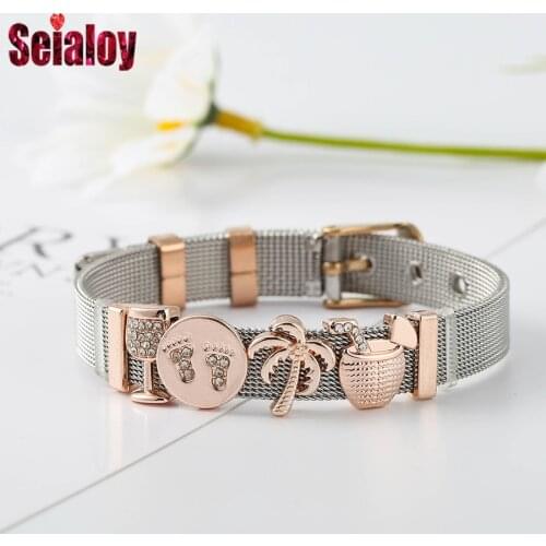Summer Ocean Style Stainless Steel Bracelets For Women Men Beach Footprints Juice Wine Beads Belt Bangle Travel Memorial Jewelry