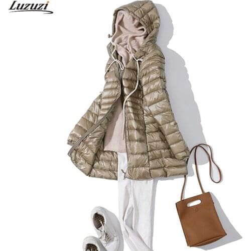 Luzuzi 7XL Winter Down Jacket Women Padded Hooded Long Coat White Duck Down Female Warm Ultra Light Slim Jackets Portable Parkas