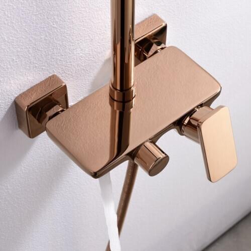 Copper Bathroom Shower Faucets Set Rainfall Wall Mounted Hot & Cold Mixer Taps With Handheld & Bath Shelf Rose Gold Brass
