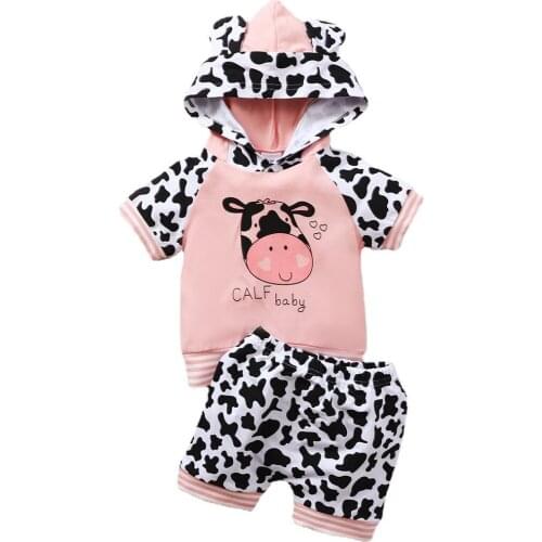Cute child girl baby hooded short-sleeved cartoon cow print top spotted shorts suit two-piece