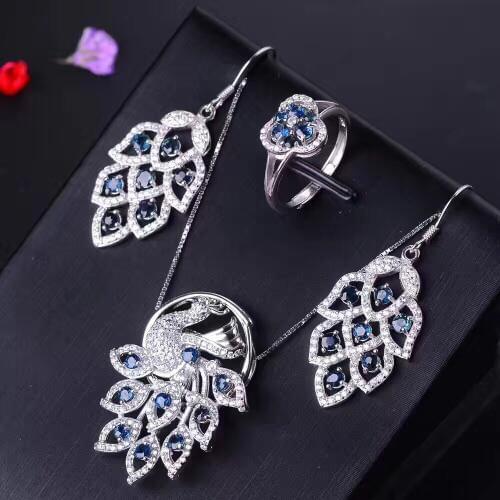 Natural sapphire jewelry set 925 Silver made in china . Luxury party suit