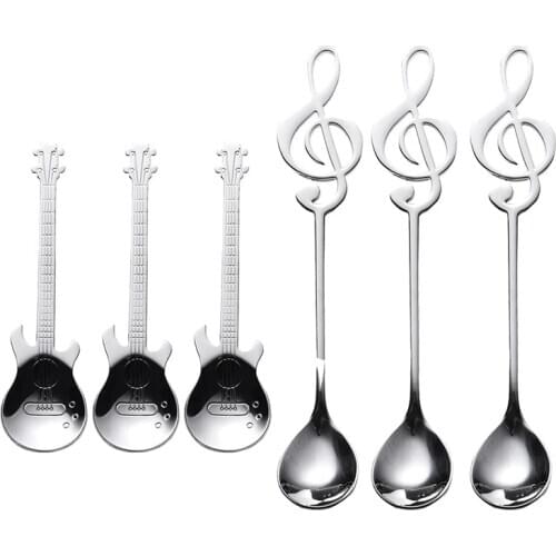 New Coffee Spoons,6 Pack Creative Cute Teaspoons Stainless Steel Staff Musical Notation Shaped (3 Music Note +3 Guitar)