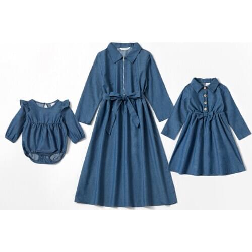PatPat Shirt Collar Long-sleeve Solid Denim Matching Dresses