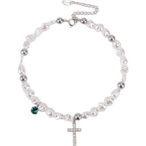 Imitation Irregular Pearls Beaded Chokers Crystals Cross Pendant Necklace for Women Fashion Jewelry