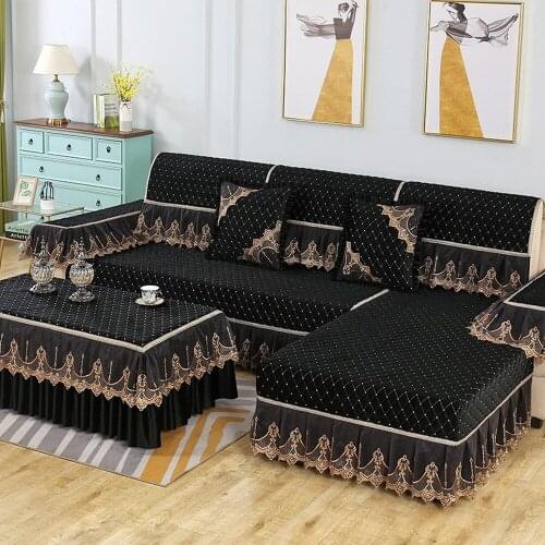 Black Luxury Sofa Cover Fashion Diamond Embroidery Lace Sofa Towel Slipcover Non-slip Cushion A Complete Living Room Sofa Set 5