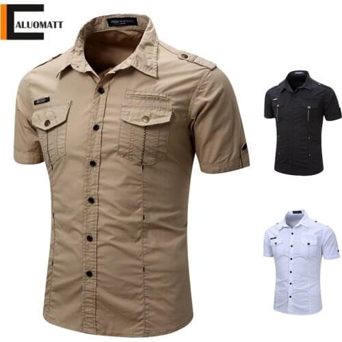 Mens Cotton Military Shirts Uniform Short-sleeve Work Shirt Men Casual Button-down Patch Lapel Tops Slim Breathable Army Shirt