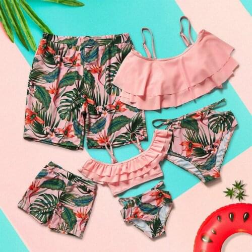 Family Matching Pink Swimwear Two Pieces Women Kid Boy Baby Girl Swimsuit Men Shorts Bathing Suit