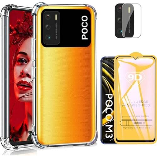 Silicone Smartphone Case Poco X3 M3 Case+Glass Airbag Shockproof Protective Cover Poco M 3 For Xiaomi Poko M3 Transparent Case