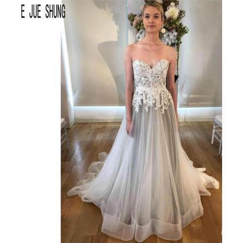 E JUE SHUNG Grey Organza Wedding Dresses Sweetheart Backless Lace Appliques A Line Bridal Gowns Sleeveless Boho vestido de noiva