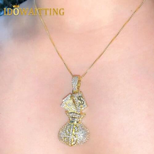 Gold Color US Dollar Money Bag Pendant Iced Out Bling 5A Cubic Zircon Paved Hip Hop Sparking CZ Women Box Chain Necklace Jewelry