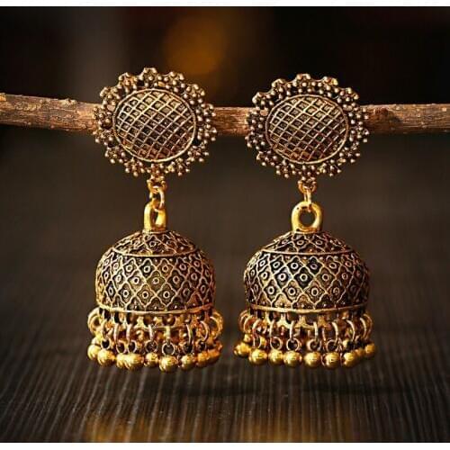 Womens Retro Flower Gold Jhumka Earrings Indian Jewelry 2020 Classic Beads Tassel Ladies Earrings Hangers