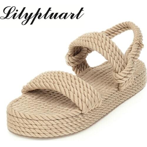 2020 Big Size 43 on Sale Top Quality Gladiator Hemp Flat Slip on Straw Summer Womens Sandals Shoes Woman Platform Sandals